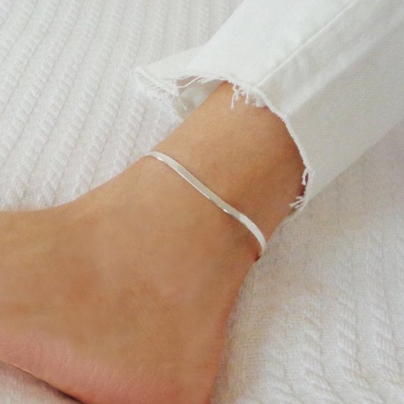 Real Sterling Silver Herringbone Ankle Bracelet, SOLID Silver Anklet Stamped 925 - Picture 1 of 5